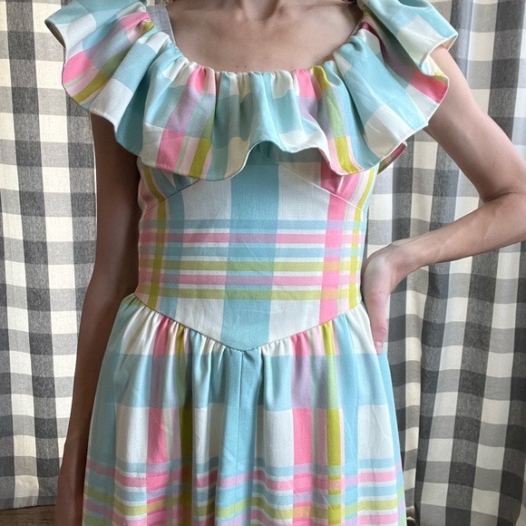 60s/70s Pastel Plaid Ruffle Maxi Dress - Picture 2 of 4